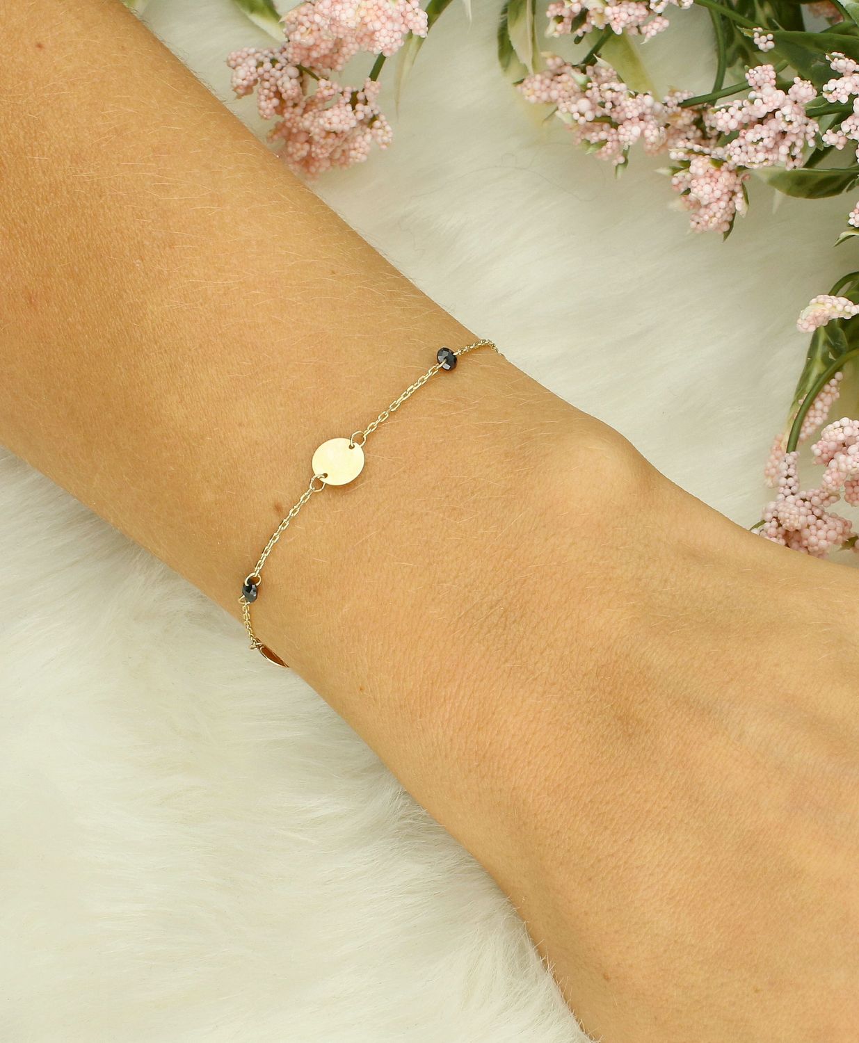 Bransoletka złota celebrytka blaszki okrągłe z czarnymi kamieniami próba 375, BR 7826 375 1.jpg